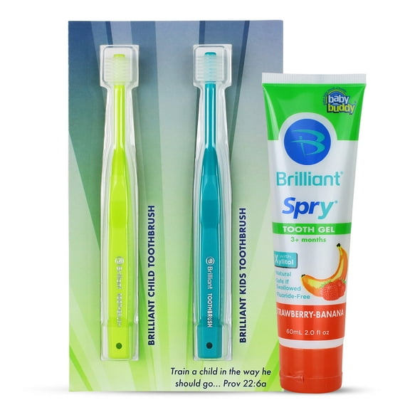 Brilliant Growing Kids Oral Care Kit: Round Head Soft Toothbrushes & Tooth Gel for Ages 2  - Green