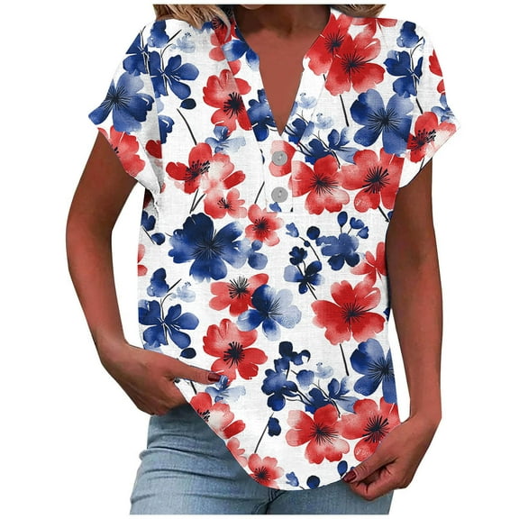 Summer Linen T-Shirts For Womens Henley Neck Tee Short Sleeve T Shirts Floral Printed Tunic Blouses Loose Fitted T-Shirts Boho Dressy Shirts Bussiness Work T Shirts office Clothes