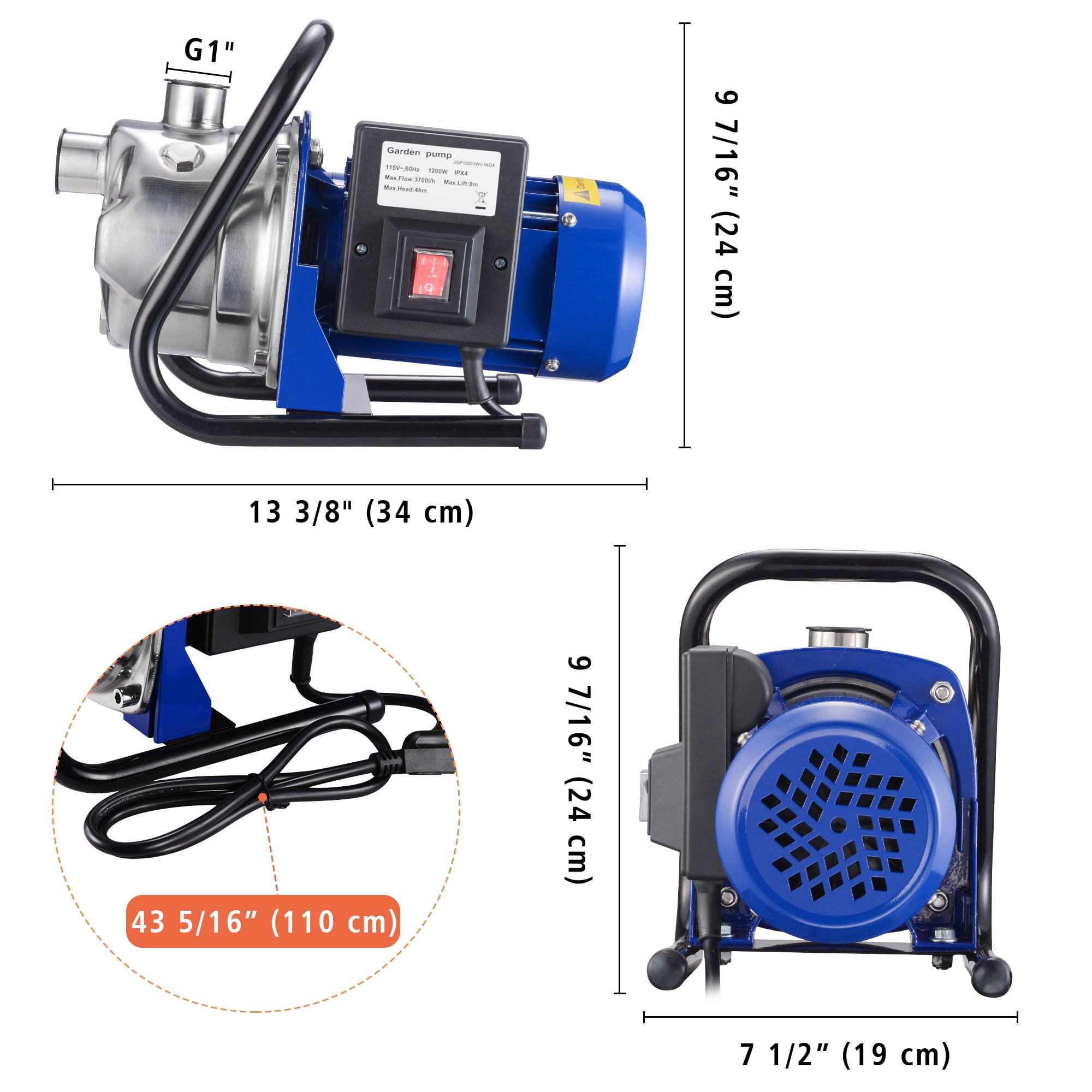 Yescom 1200W Electric Water Booster Pump Stainless Steel Garden Sprinkler Pump Pool