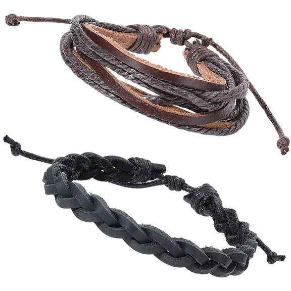 2 Styles Genuine Leather Bracelets Brown Cowhide Layered Cuff Wrap Adjustable Rustic Leather Wrist Band Multilayer Rope Bracelet Wristband