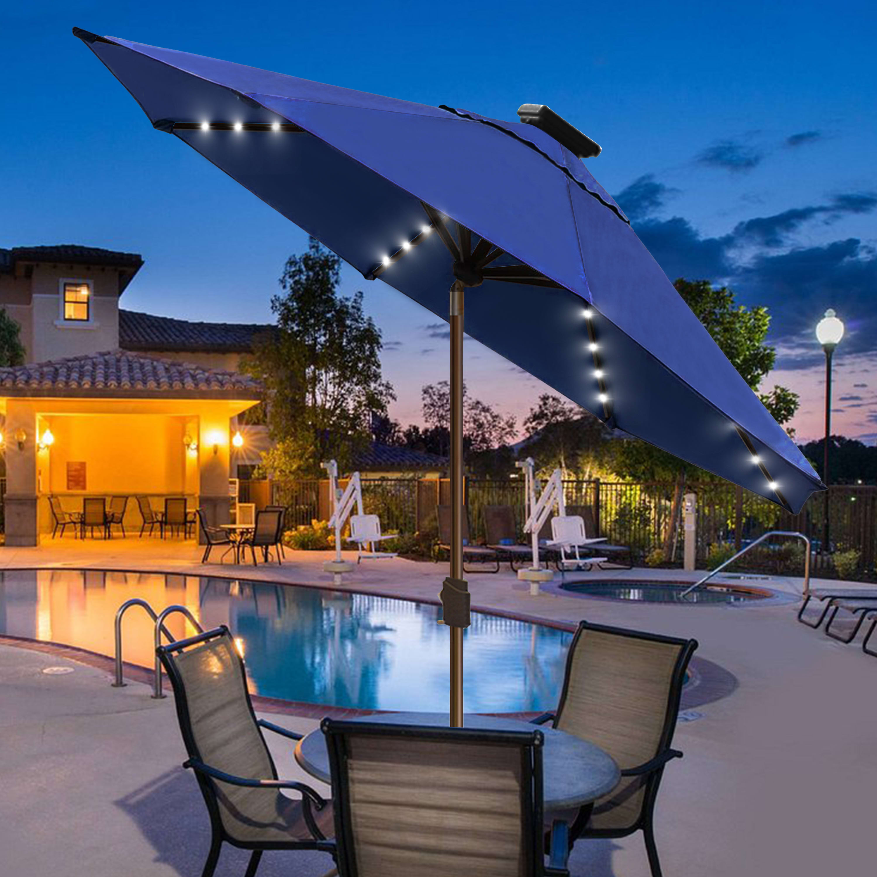 EliteShade Sunbrella Solar Umbrellas 9ft Market Umbrella with 80 LED Lights Patio Umbrellas Outdoor Table Umbrella with Ventilation and 5 Years Non-Fading Top, Dark Blue