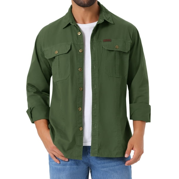 INSPIRAR CHIC Camisas de Trabajo Casual para Hombre de Manga Larga con Botones y Bolsillos para Pesca y Senderismo en Verde Oliva