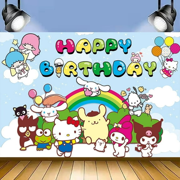 Cartoon sanrio Kitty and Friends Birthday Backdrop Photography Kids Party Supplies Happy Birthday Party Decorations 35''×30''