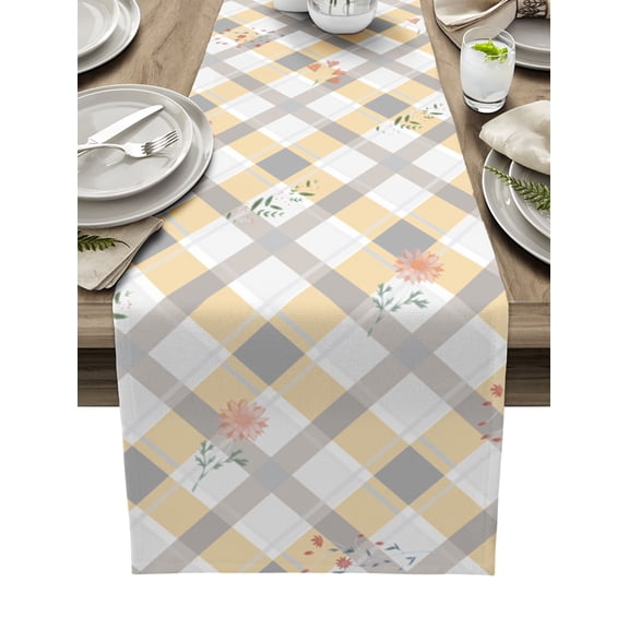 Retro Flowers Plaid, Table Runner 70 Inches, Farmhouse Country Fantasy Florals Bed Runner Dresser Scarves Tabletop for Indoor Outdoor Parties/Ceremony/Banquet, 13" x 70"