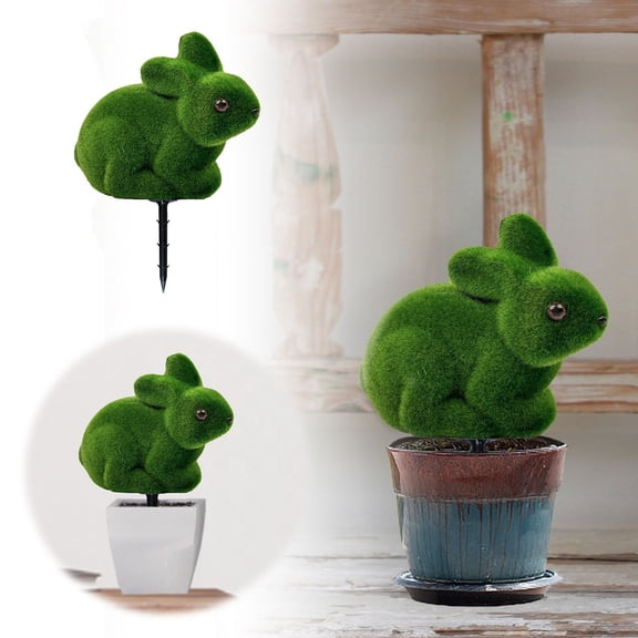 Yanxiao Flocked Moss Bunny Garden Stake, 10in Artificial Green Rabbit Decor with Ground Stake, Indoor/Outdoor Spring Easter Garden Lawn Patio Tabletop Ornament