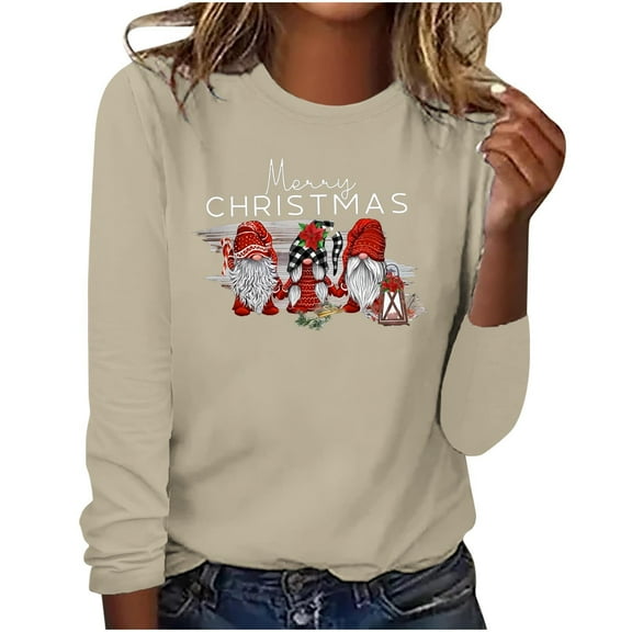 Sweatshirts for Women Plus Size Christmas Crew Neck Pullover Tops Casual Loose Graphic Long Sleeve Shirt (Beige L)
