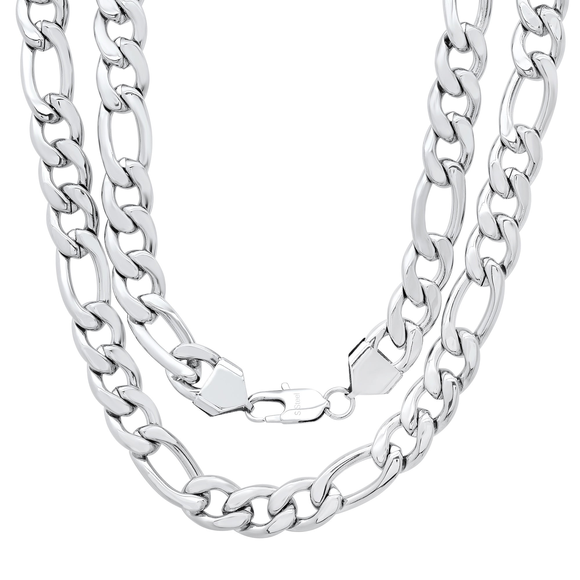 The Bling Factory - Men's 11.2mm High-Polished Stainless Steel Flat Mens Figaro Chain Stainless Steel
