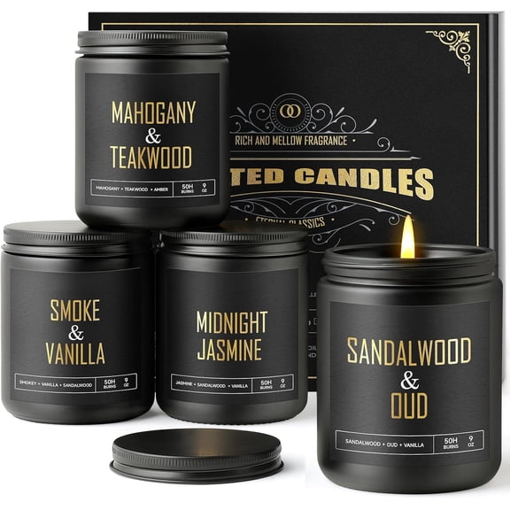 Scented Candles for Men, 4-Pack Large Soy Wax Candle Set (36oz, 200 Hour Burn), Masculine Scents Sandalwood Oud, Mahogany Teakwood, Smoke Vanilla, and Jasmine for Home