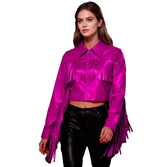 Haitryli Shiny Fringe Cropped Jacket for Women Long Sleeve Lapel Zip Up Western Style Biker Outerwear Hot Pink XXL