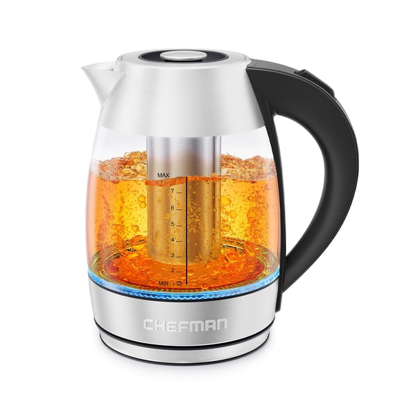 Chefman Tetera con Jarra de Cristal | Hervidor Eléctrico de 1.8 Litros | Base de 360 Grados | Acero inoxidable