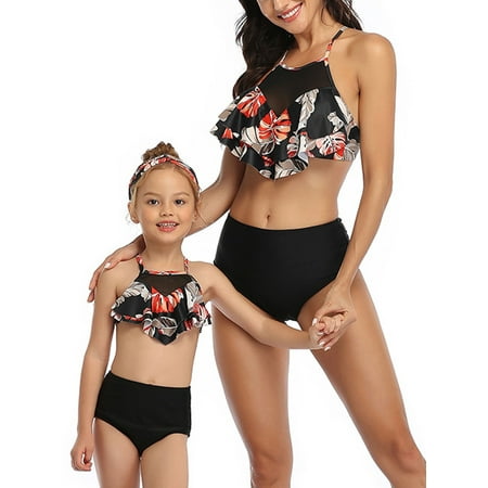 

wybzd Family Matching Two Piece Swimsuit Mommy and Me Bikini Set Halter Straps Ruffles Floral Print Summer Beach Suit