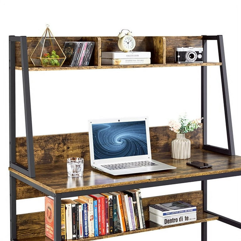 Computer Desk with Bookshelf & Storage Bag Rustic Brown