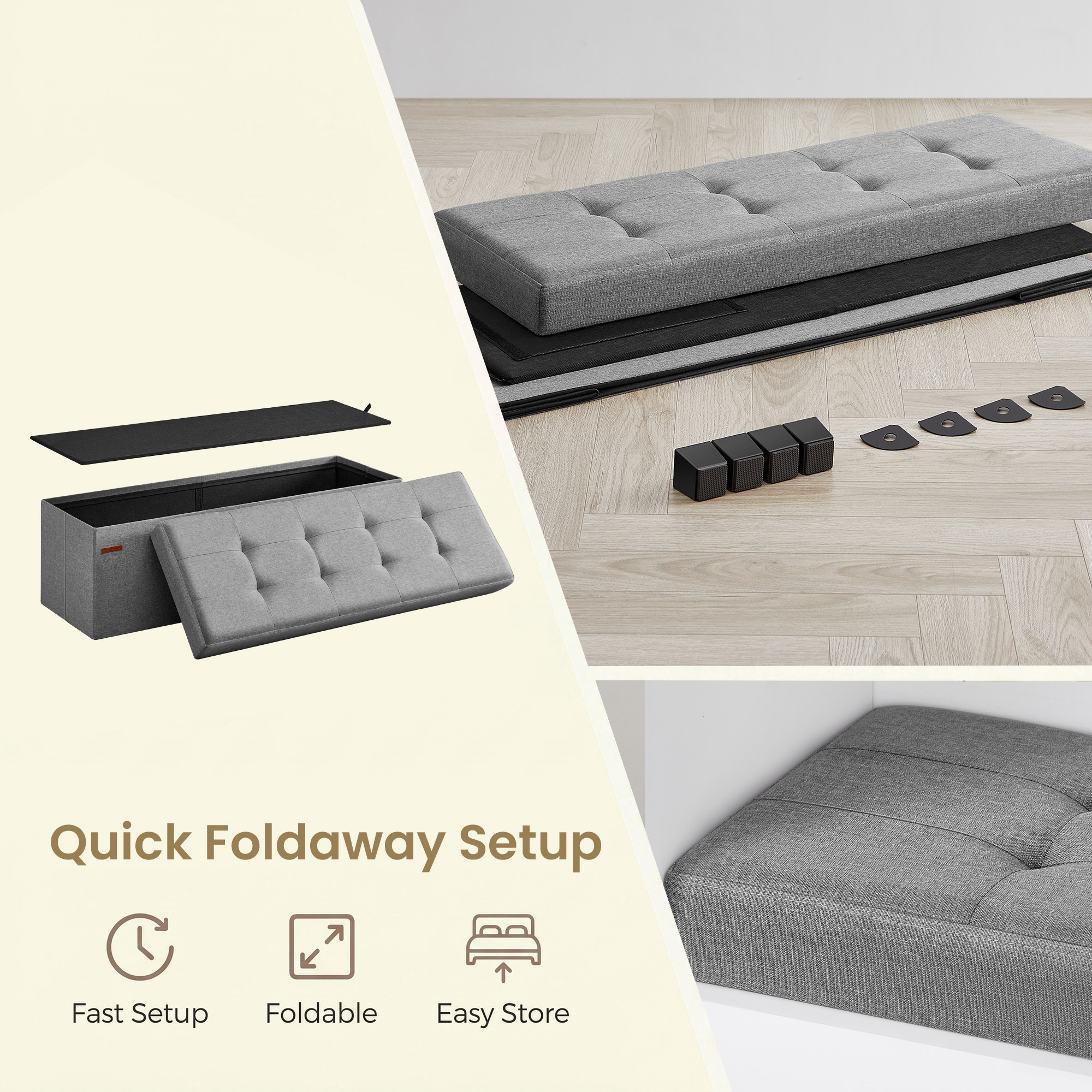 Ledrem Large Folding Storage Ottoman Bench with Footrest, Dove Gray