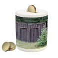 thumbnail image 1 of Outhouse Piggy Bank, Farm Life House Wooden Door of Cottage Hut in Woodland Leaves Art Print, Ceramic Coin Bank Money Box for Cash Saving, 3.6" X 3.2", Dark Brown and Green, by Ambesonne, 1 of 4