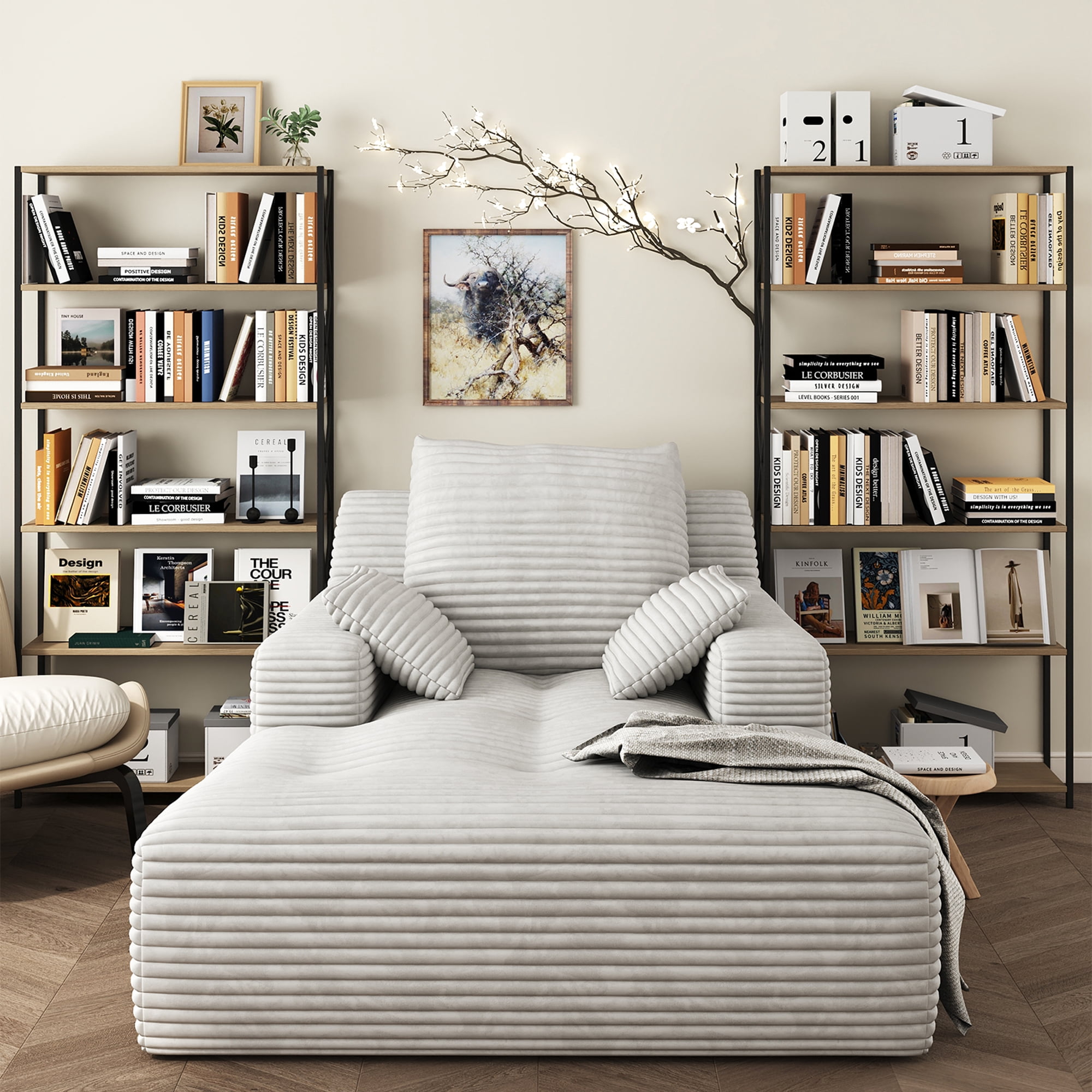 67'' Oversized Chaise Lounge Chair Indoor, Cloud Plush Corduroy Upholstered Sofa Bed, Modern Deep Seat Sofa with Back Cushion, Pillows, Cozy Sleeper Couch for Living Room, No Assembly Required, White