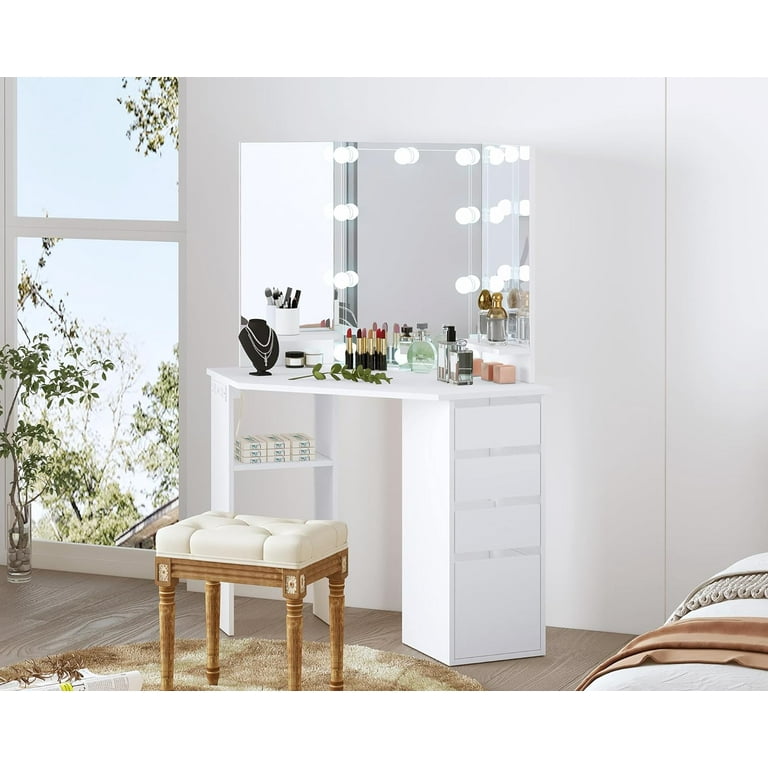 HOMEFORT Corner Vanity Desk with 3 HD Mirrors and Lights, Makeup Dressing  Table with Outlet, Vanity Station with 3 Color Lighting, Adjustable  Brightness, 4 Sliding Drawers for Women Bedroom, White - Walmart.com