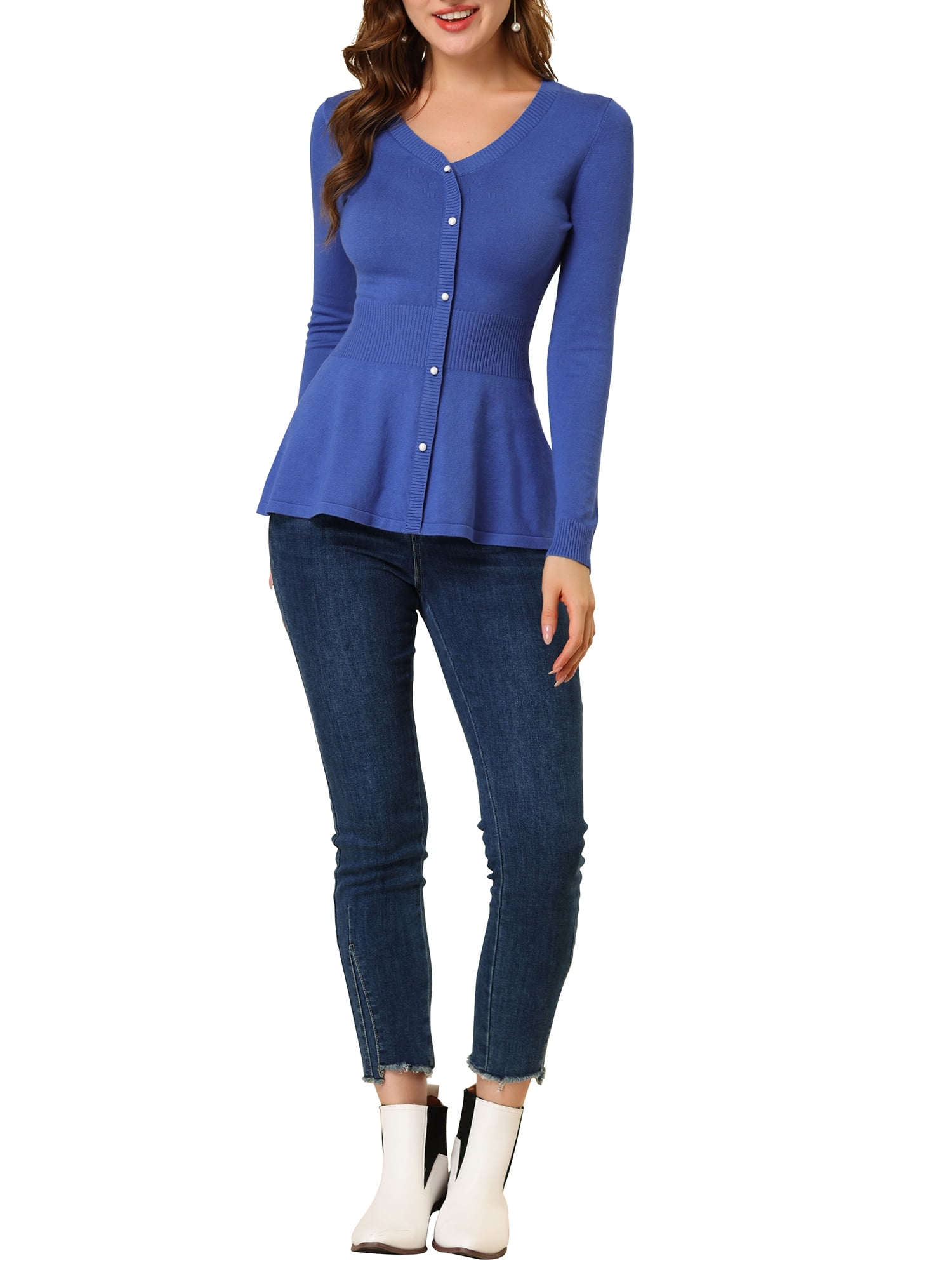 DARING DIVA Women's Peplum Top Smocked Long Sleeve Knit Sweater M Blue