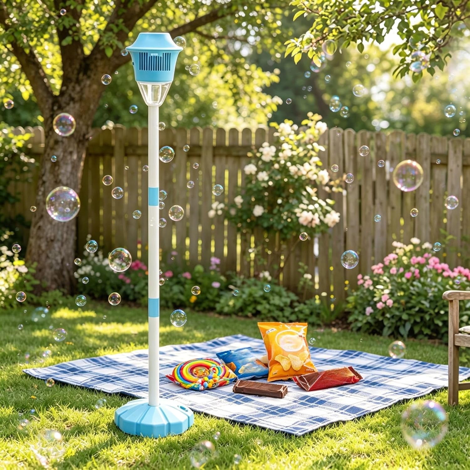 Guvpev Rechargeable Street Lamp Bubble Machine with Lights, Standing Bubble Tower with Adjustable Height for Outdoor Garden, Patio Decor, Wedding & Birthday Party Atmosphere