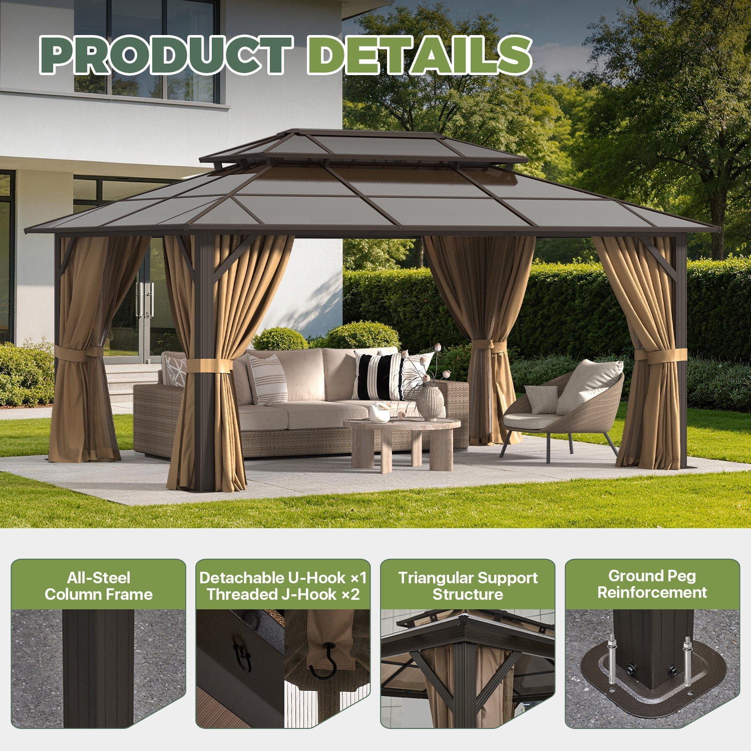 BaPiPro 16x12 FT Outdoor Gazebo, Double Roof Polycarbonate Hardtop, Iron Frame, Bronze Brown, UV Protected, Weather Resistant, for Patio Backyard Deck Lawn