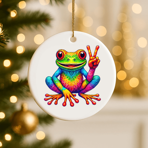 Mandala Tie Dye Frog Peace Sign 2D FLAT CIRCLE Ceramic Ornament