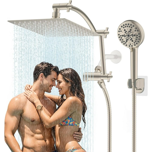 All Metal Shower Head ‘‘ High Pressure Rain Shower Head/Handheld Showerhead Combo with ‘‘ Adjustable ArcShaped Extension Arm Sprays ‘‘ Hose Adhesive Showerhead Holder Chrom