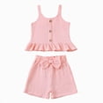 thumbnail image 6 of Toddler Baby Girl Outfits Solid Summer Clothes Ruffled Spaghetti Strap Short Sleeve Shirt Tops Cute Bow Shorts Set Kaprioy Toddler Girl Clothes 18 24 Months 2T 3T 4T, 6 of 7