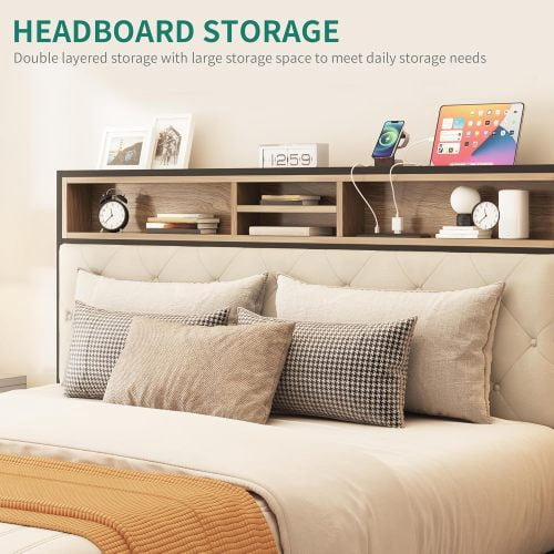 BSHTI Platform Modern Queen Size Platform Bed Frame with Upholstered Headboard and wood slats support for Livingroom