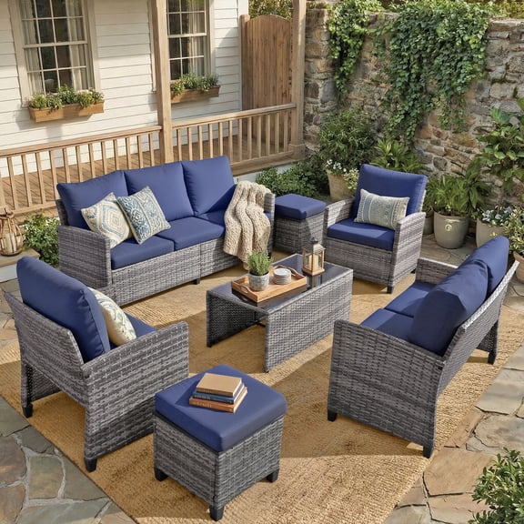 FHFO 7 Piece Outdoor Patio Furniture Sets Wicker Conversation Set PE Rattan Sectional Sofa Couch with Ottomans, and Coffee Table for Backyard, Porch and Garden(gray&Blue)