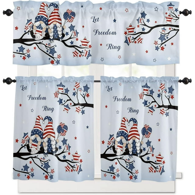 4th of July Kitchen Curtains and Valances Set, Blue Red Star Tree Gnomes Kitchen Curtains Set Rod Pocket Tier Curtains 24 Inch, Independence Day Blue Ombre Valances for Windows Living Room/Bedroom