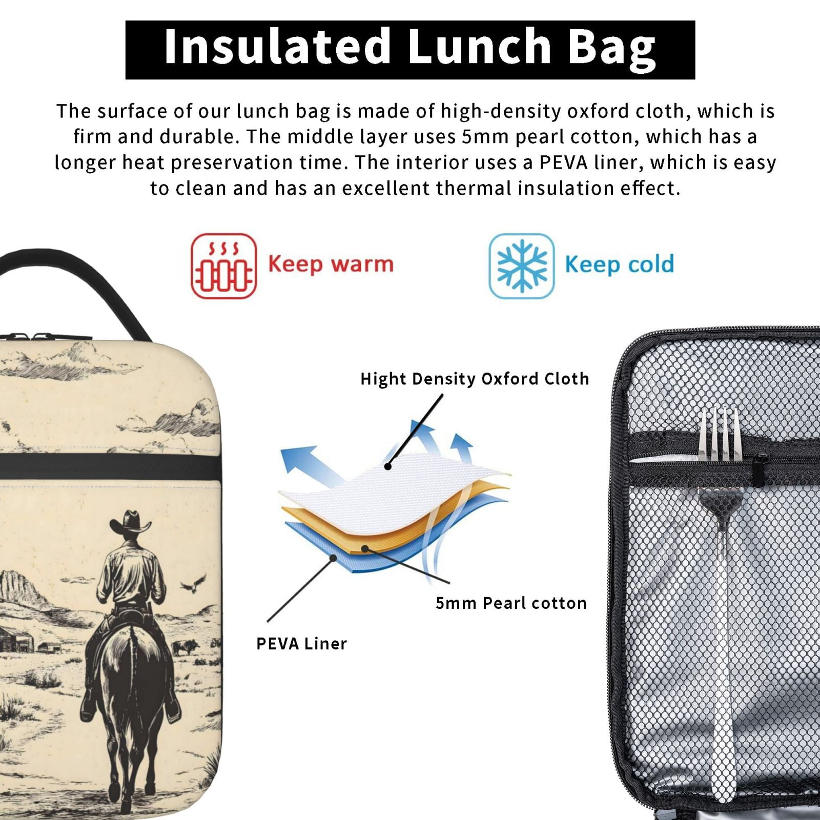 Lunch Bag For Women Men Insulated Portable Lunch Box Bento Box Office Picnic Travel Cooler Bag Desert Cowboy On Horseback