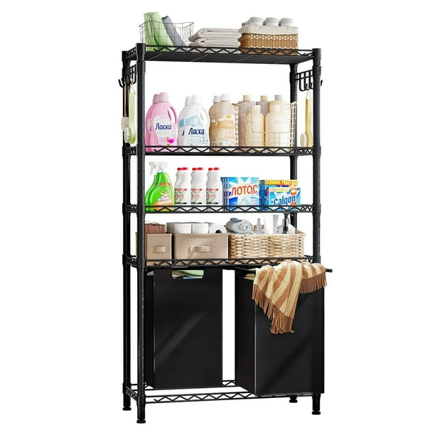 Cesto para Ropa Sucia con 4 Niveles de Almacenamiento Estante,Marco Metálico Cesta para Ropa Sucia con 2 Bolsa Colada de Tela Oxford Extraíble,Organizador para Lavandería, Dormitorio y Baño