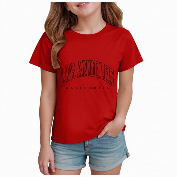 kpoplk Girl's Short Sleeve Graphic Tees Crew Neck Beach Tops Casual Summer T-Shirts(Red,3-4 Y)