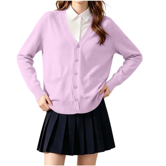 ROHUUQUE Kids Girls Cardigan School Uniforms Sweater Solid Color V-neck Unisex Button Long Sleeve Basic Knit Tops for 5-17 Years Purple