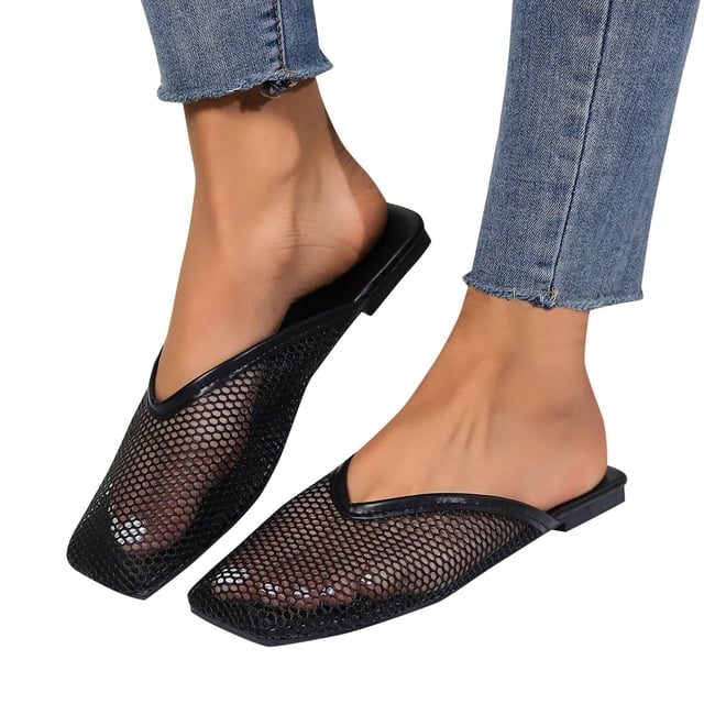 Fishnet Dress Slippers for Women Ladies Sexy See Through Mesh Square Toe Slip on Flats Sandals Dressy Slides