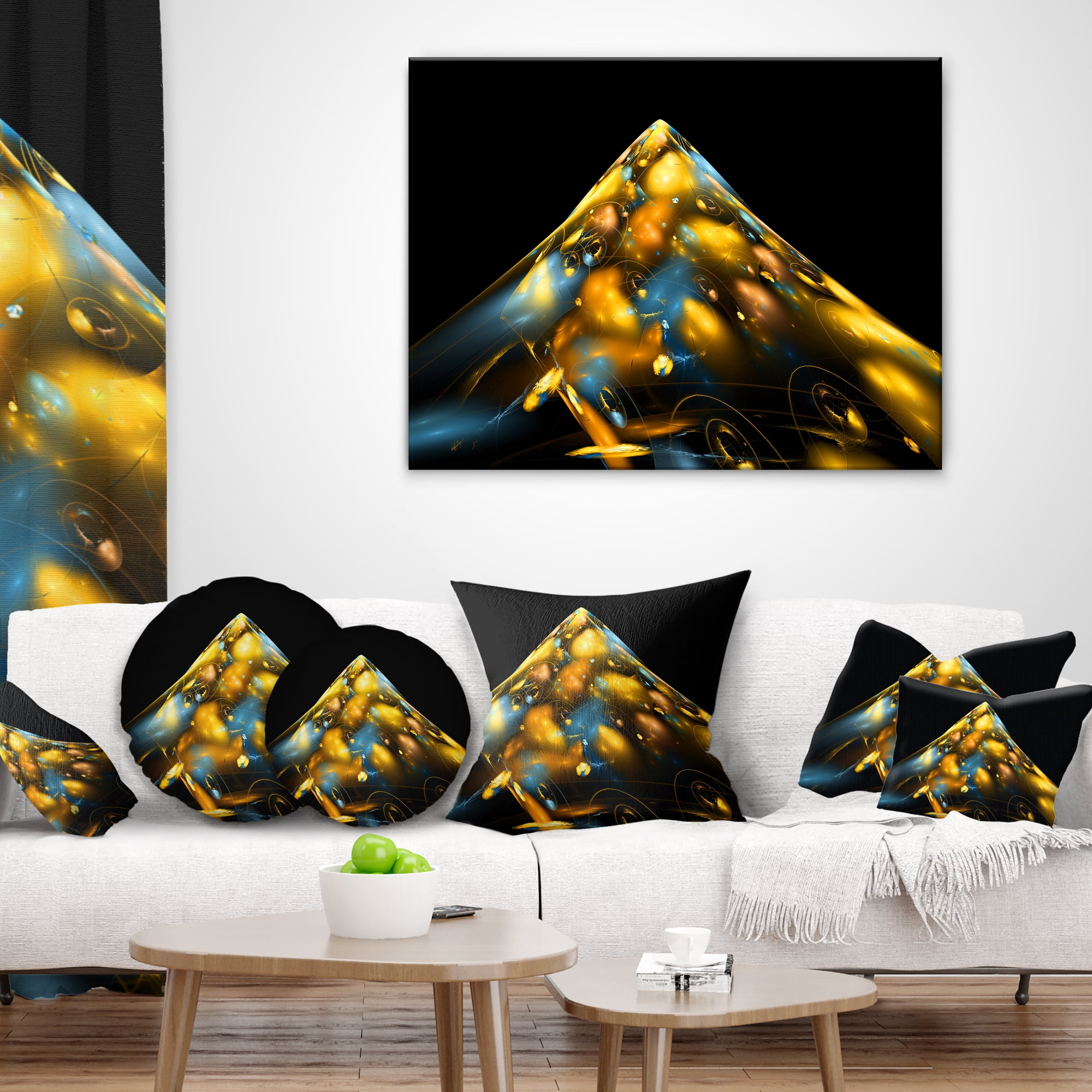 Designart Fractal Golden Blue Structure - Contemporary Throw Pillow - 12x20