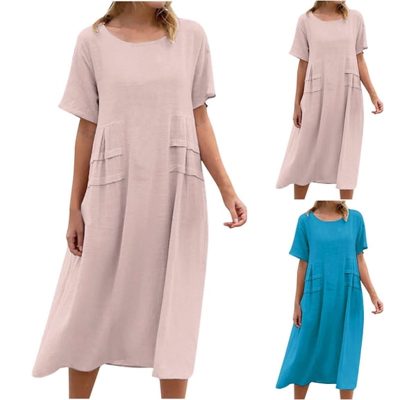 asdoklhq Womens Dresses Women's Summer Casual Loose Linen Short Sleeve Round Neck Dress Short Sleeve Round Neck Dress Blue 2X
