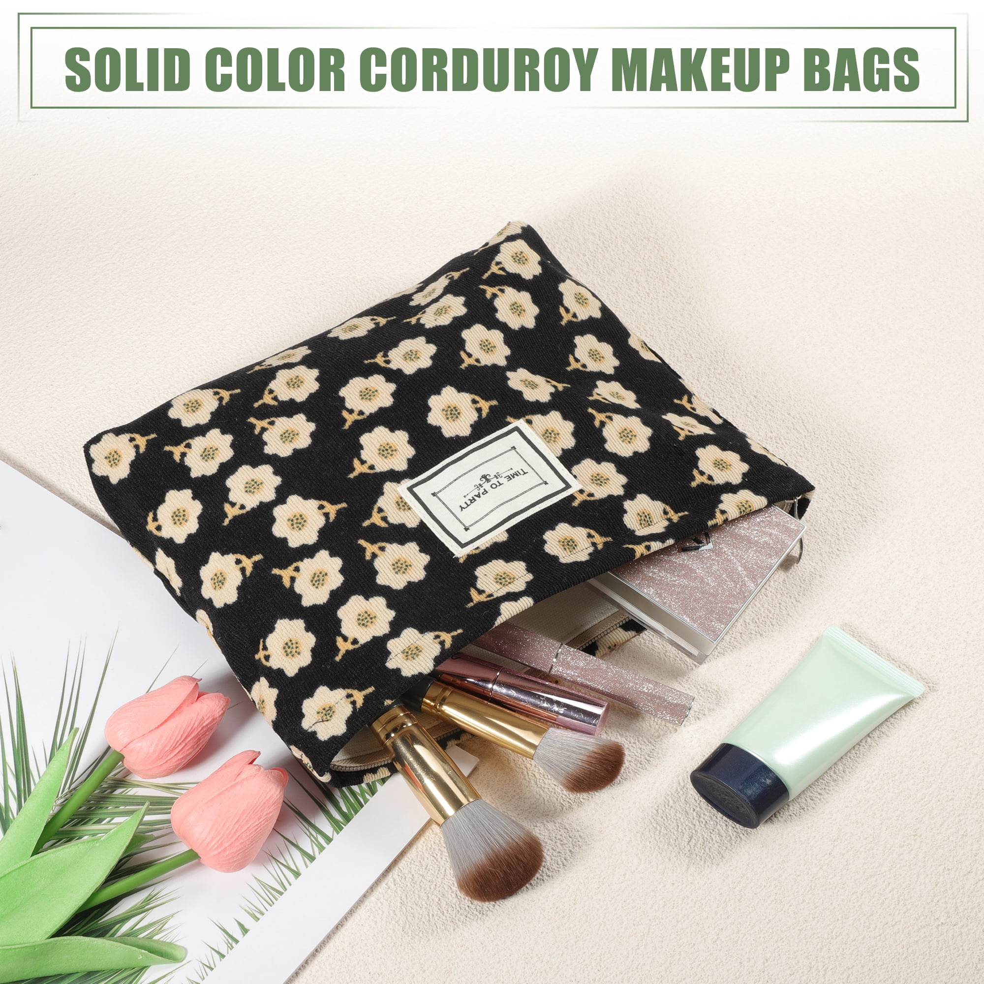 Unique Bargains Flower Cosmetic Bags Corduroy Floral Makeup Bags Pouches with Zipper Black