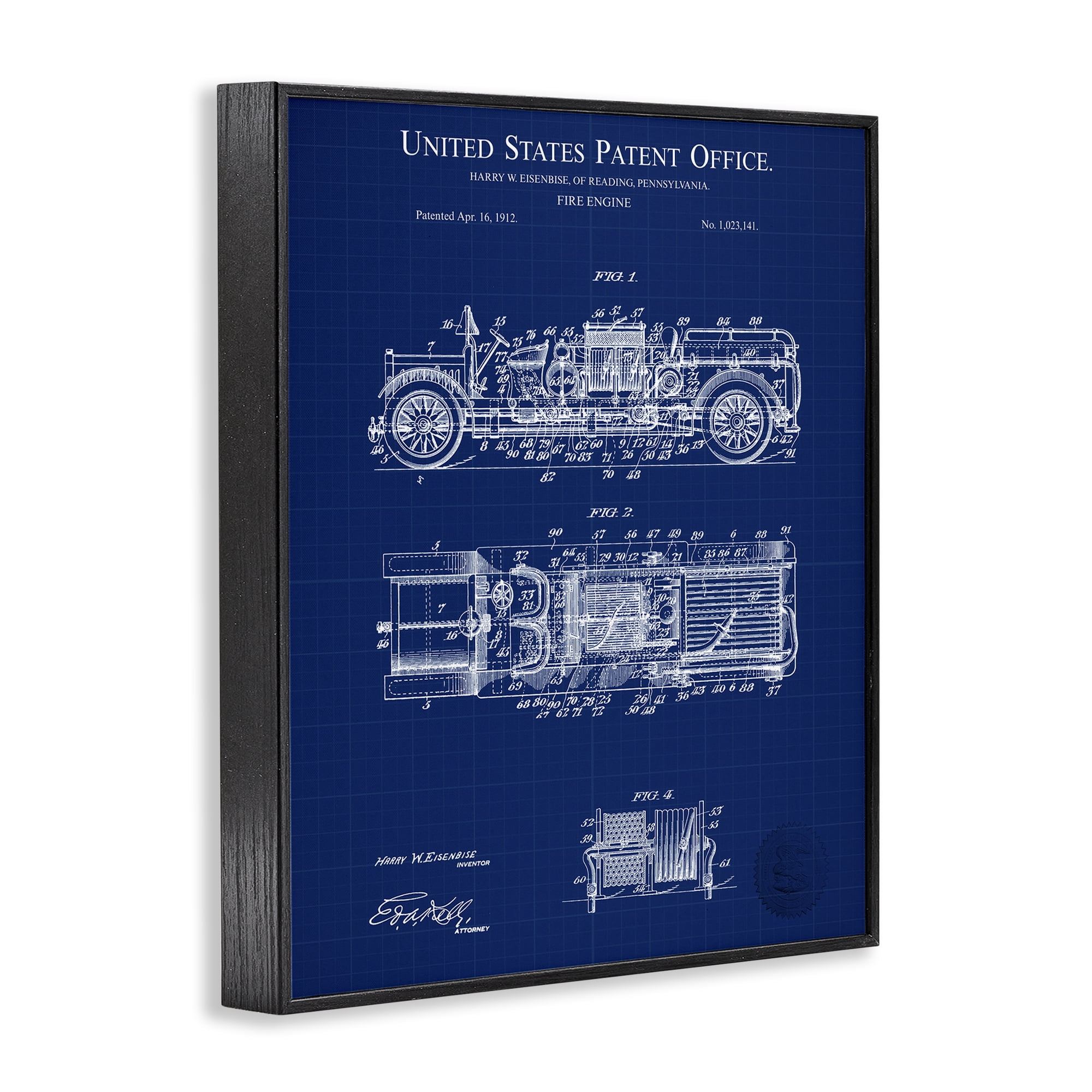 Stupell Industries Fire Engine Blueprint Transportation Painting Black Framed Art Print Wall Art, 11 x 14