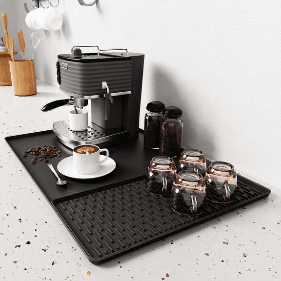 DIFELOP Silicone Coffee Mat, 2-in-1 Countertop Coffee Bar Mat with Drip Tray, Heat Resistant Dish Drying Pad for Kitchen Counters, Coffee Machines, and Cups, Black