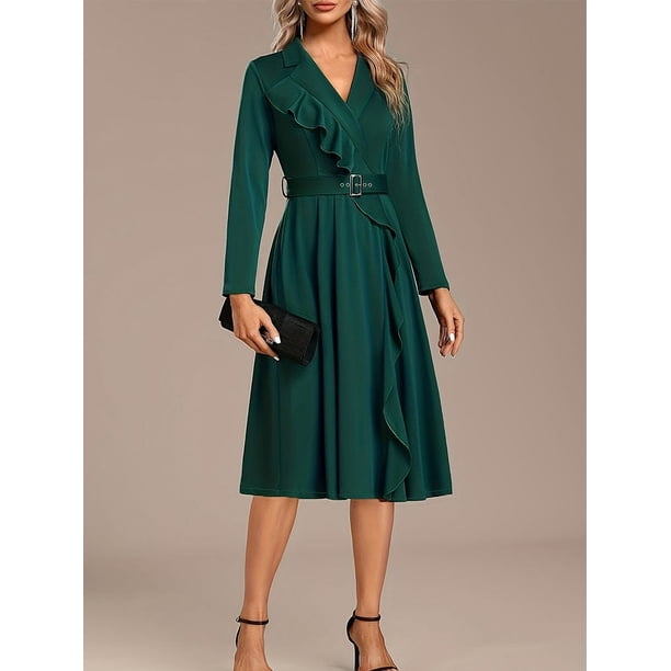 Vestido de manga larga con cuello en V para mujer, ropa informal de primavera, talla grande