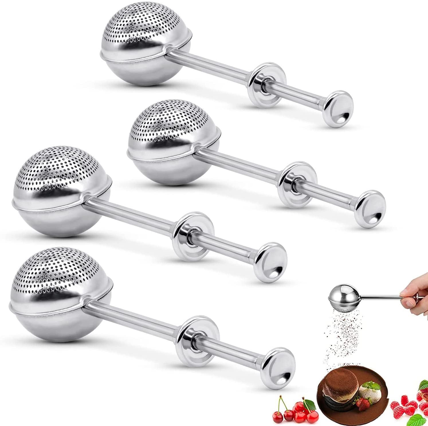 HOUCOCA 4Pcs Powdered Sugar Flour Sugar Shakers Used For Powdered Sugar And Spices Stainless Sugar Dispenser One-Hand Dust Collector Sifter For Baking Baking Sieve