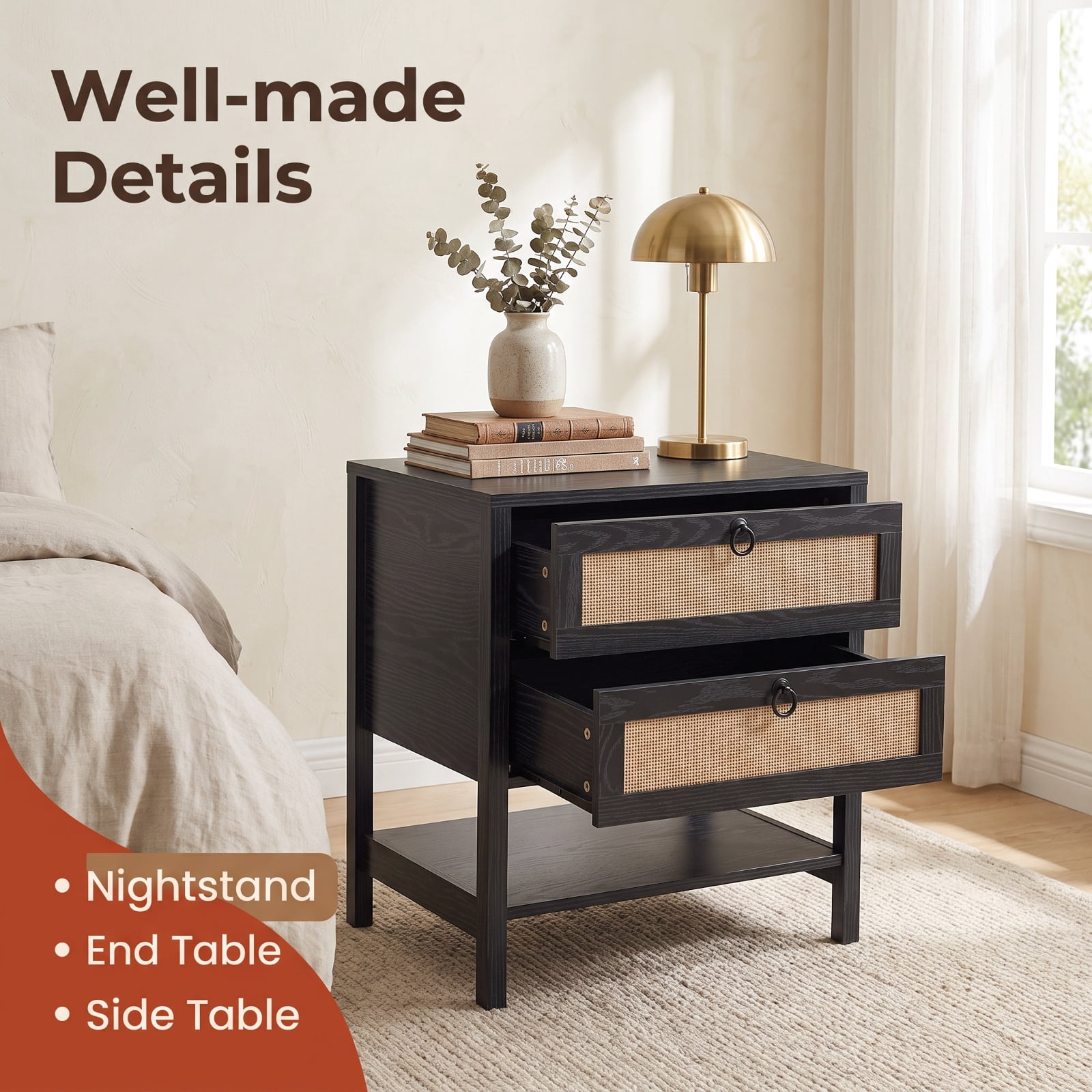 Furnibear Boho Rattan Nightstand with 2 Drawers and Bottom Open Shelf for Bedroom Living Room Bedside Sofa Side Small Space, Black