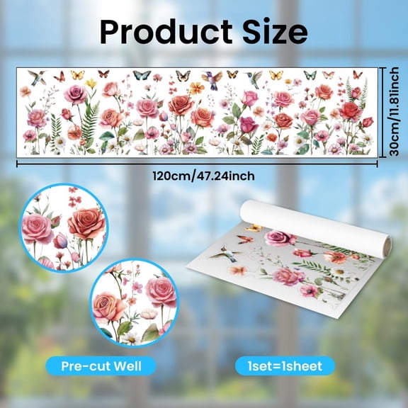 1 set Spring Static Window Clings Wildflowers and Hummingbirds 1 Sheet Reusable Window Decals for Glass 47.24" x 11.8" Removable Double Sided Window Sticker for Room Office Home Decoration