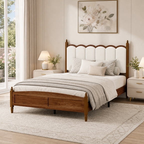 HoldoLife Queen Size Platform Bed Frame with Vintage Upholstered Scalloped Headboard, No Box Spring Required, Brown