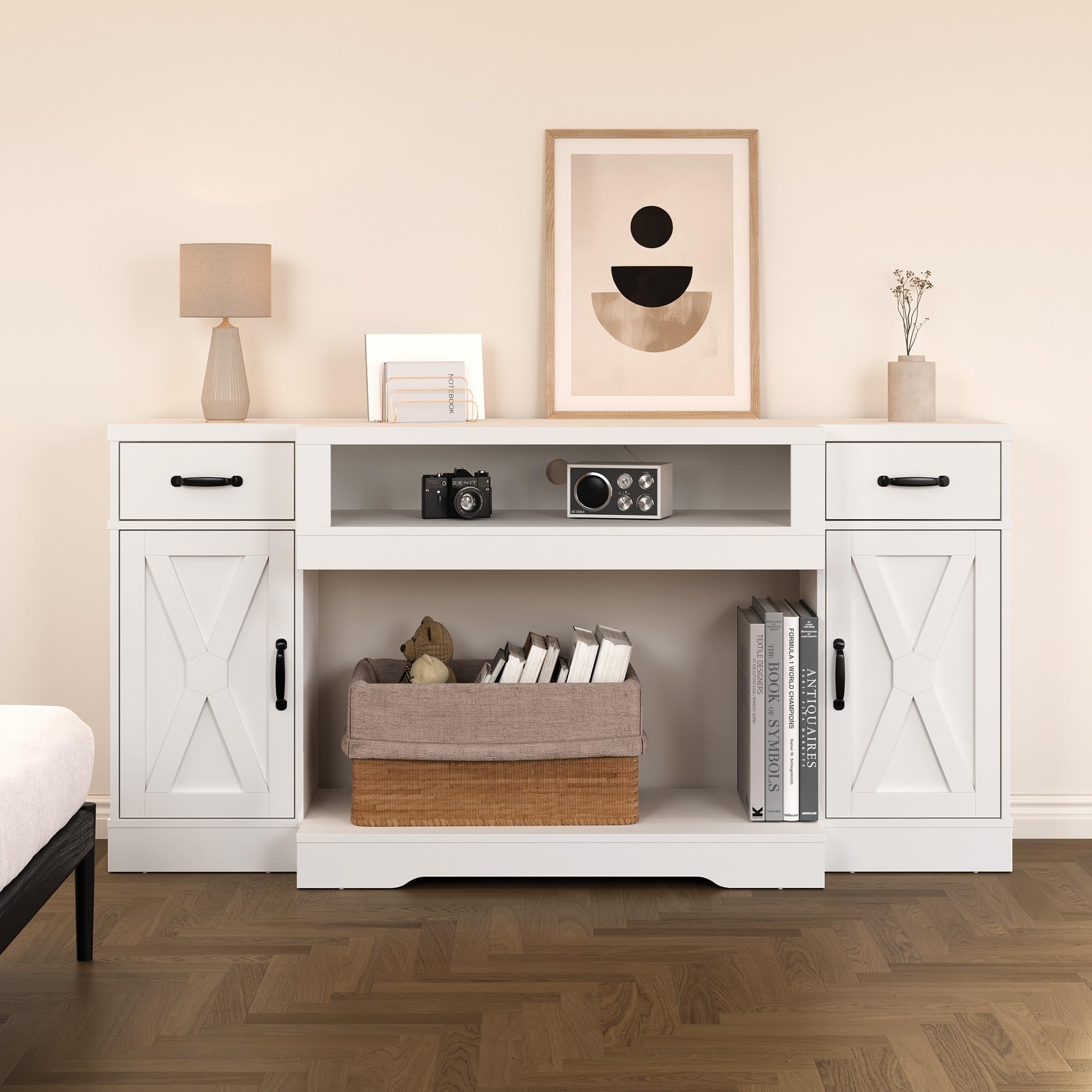 Heynemo TV Stands for TVs up to 75'', Farmhouse Media Console Table with Adjustable Shelves, Double-door Design, Entertainment Center for Living Room, Study Room, Bedroom, White