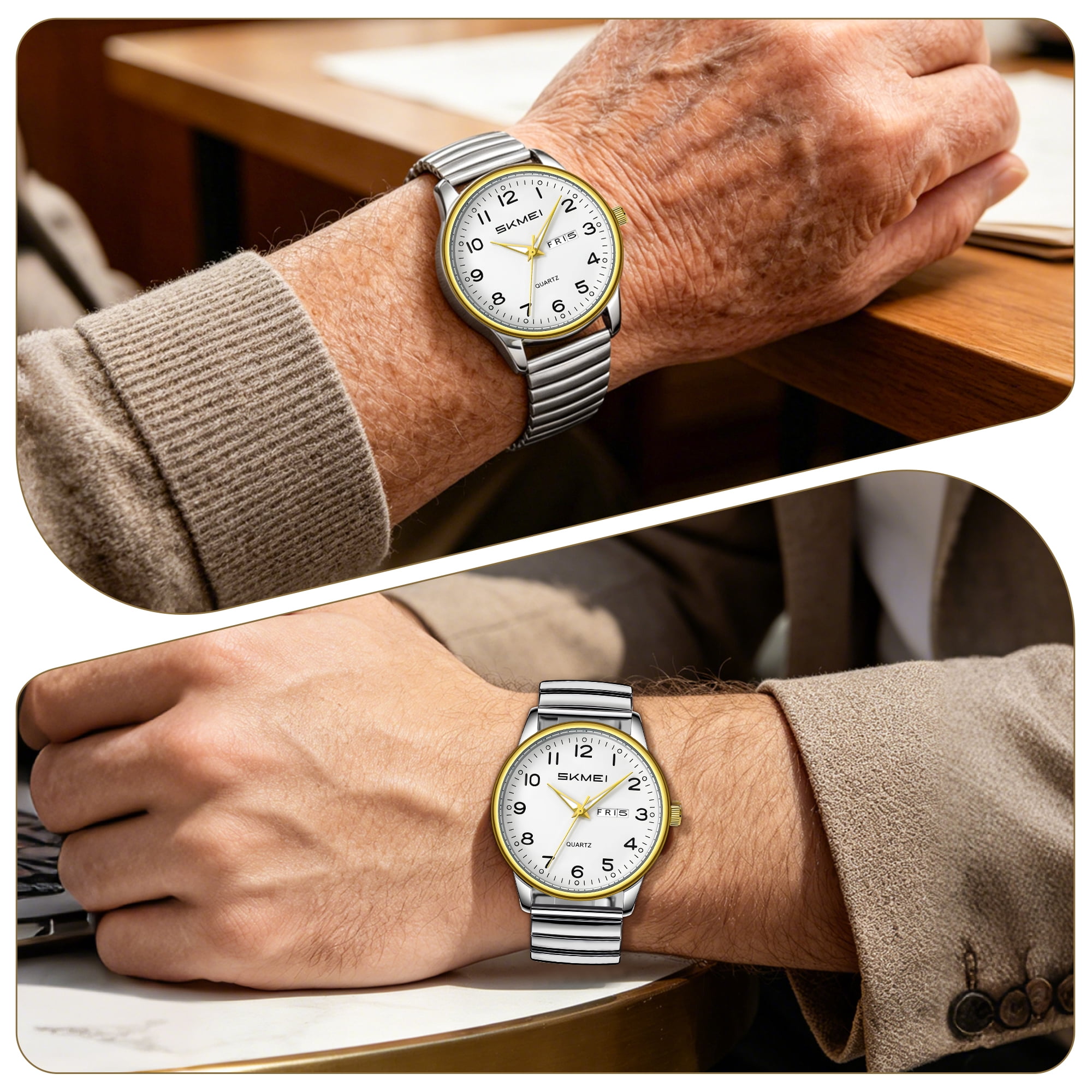 SKMEI Watches for Men Easy Reader Analog Mens Quartz Watch with Stainless Steel Expansion Band Luminous waterproof watch