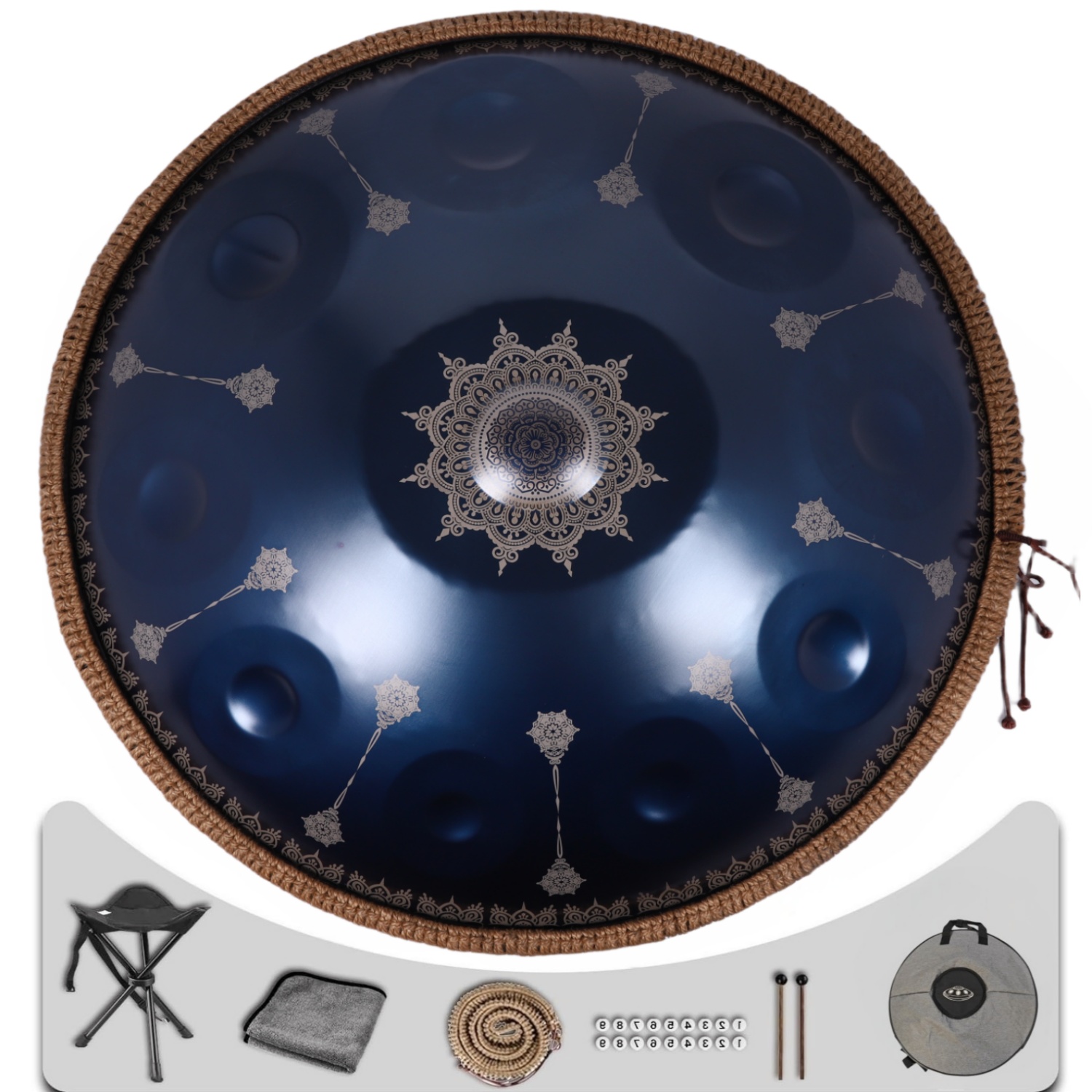 440HZ Tambourine Drum in D Minor 22Inch Blue 10 Notes Mandala Handpan Drum with Soft Hand Pan Bag