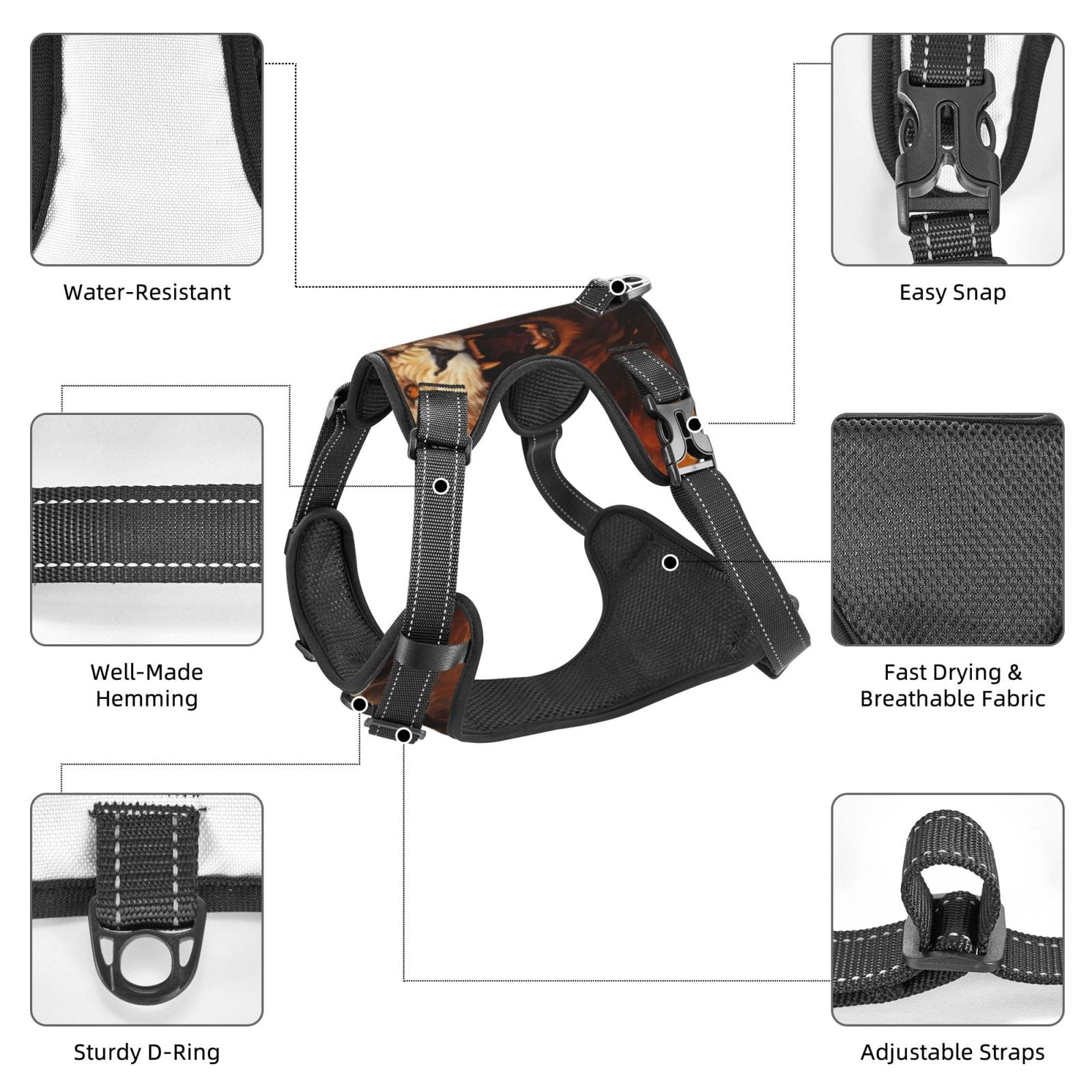 Vsdgher Cool Fire Lion Pattern Dog Harness,No Pull Pet Harness with Soft Padded Handle,Adjustable Reflective Vest with 2 Buckles,4 Slide Buckles,S-XL Medium