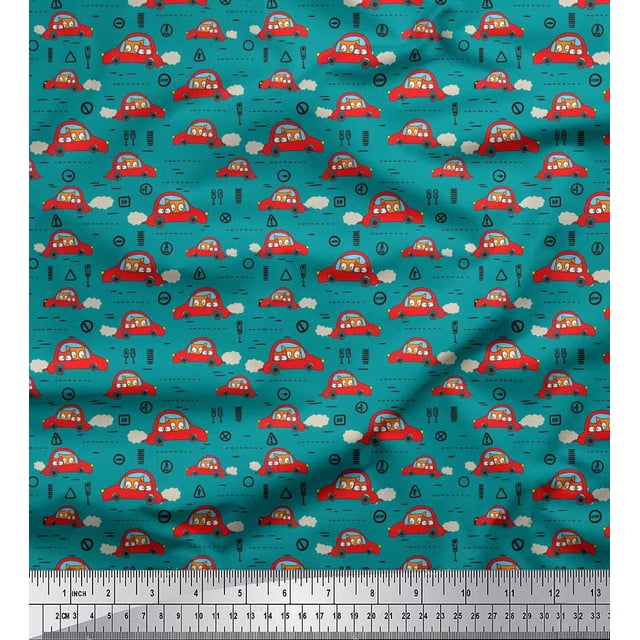 Soimoi Moss Georgette Fabric Car & Owl Cartoon Print Fabric by Yard 42 Inch Wide