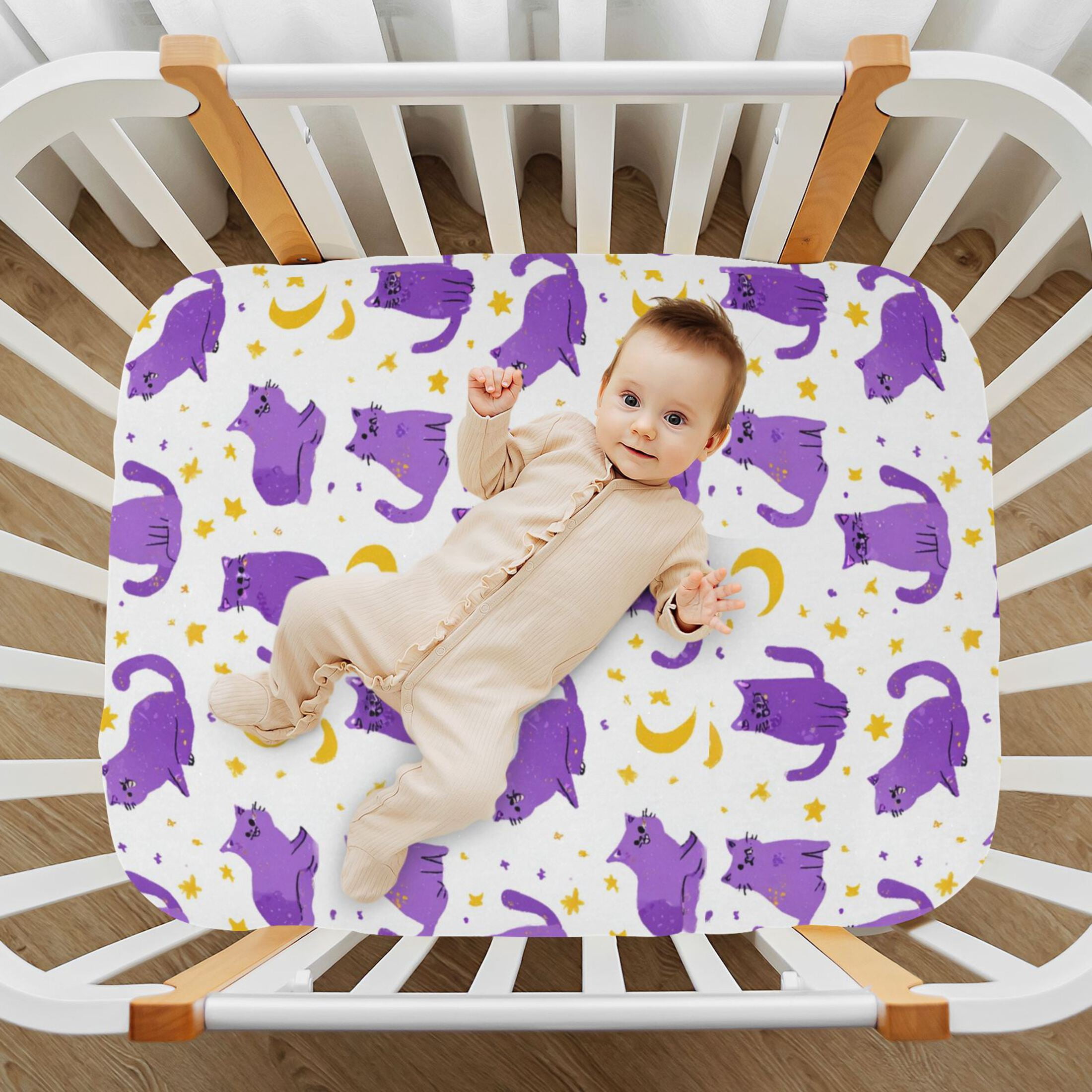 Baby Essentials 52”x 28”- Standard Cotton-like Modal Elastic- Purple Cat Pattern Design Crib Sheets for Newborns and Toddlers